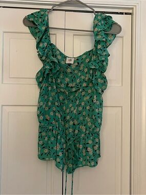 CAbi Teal Floral Ruffle Tank with Tie Waist